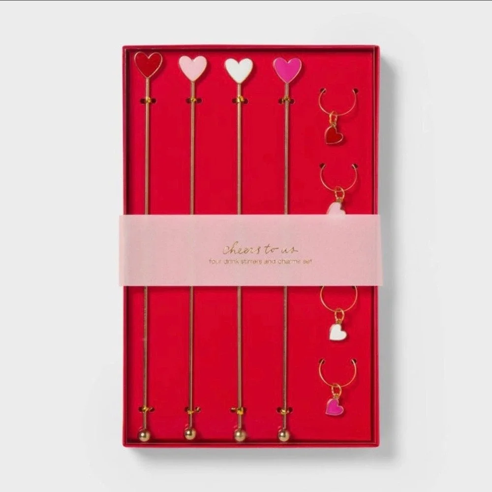 Target Cheers To Us Heart‎ Drink Stirrers and Wine Charms Set Gold Pink Red 8pc
